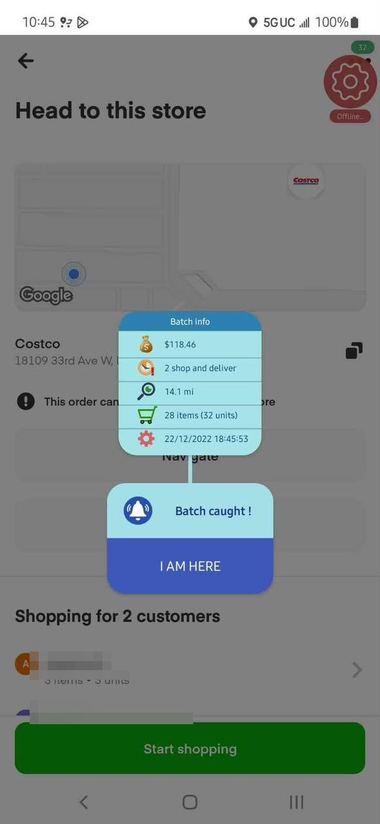 Batch caught alert over a $118.46 Costco batch, 14.1 miles, 28 items.