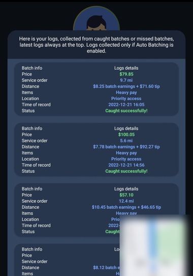 InstaWizard&rsquo;s own log listing caught batches at $79.85, $100.05 and $57.10.
