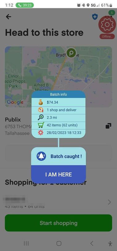 InstaWizard&rsquo;s Batch caught alert over a $74.34 Publix batch, 2.3 miles, 42 items.